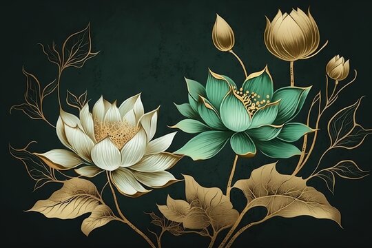 Luxury gold lotus .Beautiful, minimalistic print for your decor for postcard, congratulations and poster. Generative AI