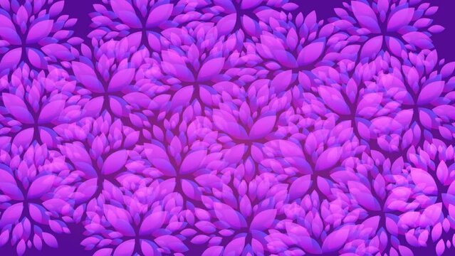 Blooming abstract flowers on a purple background. Animated illustration, spring concept