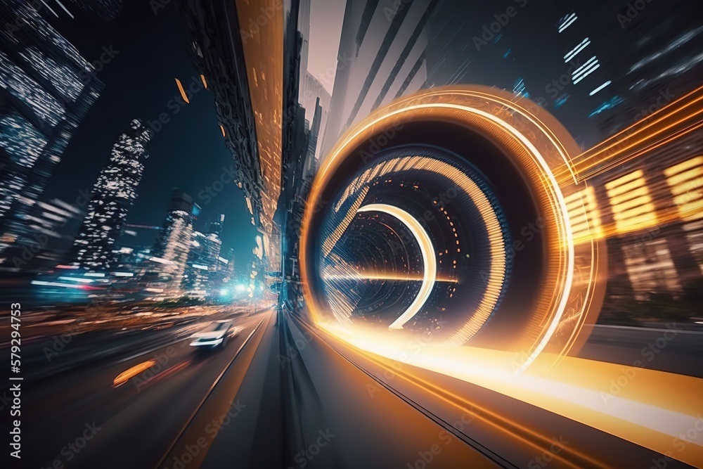 Fototapete abstraction of speed by blurred light from the lights of buildings in a night city.generative ai