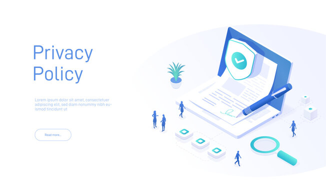Privacy policy landing page template. Personal data security. Online file server protection. Can be used for web banners, infographics. Isometric modern vector illustration.