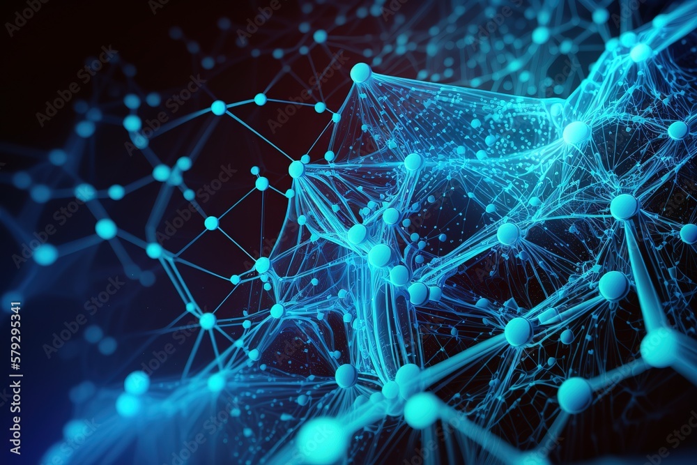 Aufkleber The geometry of the plexus or the connection of lines and dots on a dark blue background.Generative AI