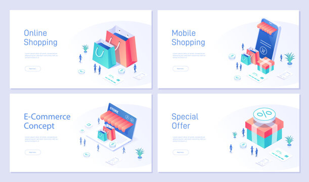 Set online shopping landing page template. Illustration concept with shopping, store in phone or laptop, discounts and gifts. Can be used for web banners. Isometric modern vector illustration.
