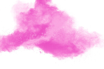 Pink dust particle splash on white background.Pink powder splash.