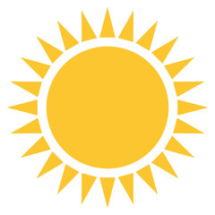 Sun icon, yellow color hot summer flat style vector design. Sunlight, nature, sky object illustration symbol isolated on white background.