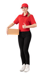 Young woman holding delivery package smiling happy and positive, thumb up doing excellent and approval sign. Woman as parcel delivery in red outfit isolated on white background
