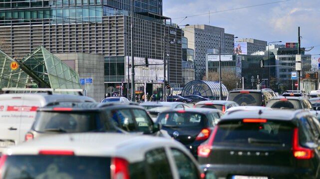 Warsaw, Poland. 8 March 2023. Car traffic at rush hour in downtown area of the city. Car pollution, traffic jam in all day long.