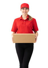 Young woman holding cardboard box or parcel in her hands smiling happily and positively, woman as parcel delivery woman isolated on white background wearing red outfit. Straight photo
