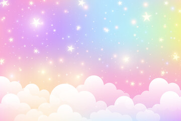 Cloudy sky background. Unicorn fantasy pastel galaxy. Rainbow cute wallpaper. Fluffy magic pink landscape. Vector illustration © Chorna_L