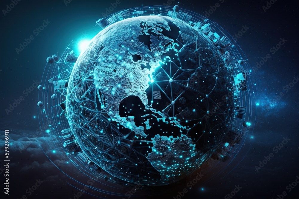 Poster a map of the planet, rays of energy, a global social network.generative ai