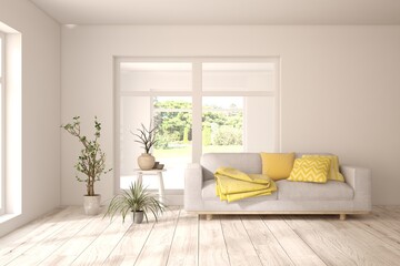 White living room with sofa. Scandinavian interior design. 3D illustration