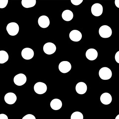 Seamless neutral polka dots pattern. White hand-drawn circles on Black background. Abstract Random points ornament. Vector simple illustration for wallpaper, fabric, print, wrapping paper, textile