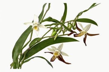 vanilla orchid flowering plant, also called flat leaved vanilla, the plant from which vanilla spice is extracted, and a commercially important vine, climbing plant, isolated. Generative Ai