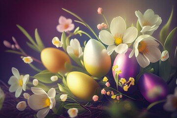 Fototapeta premium Easter background with copy space. Eggs, flowers, pastel colors illustration top view generative AI, generative, ai