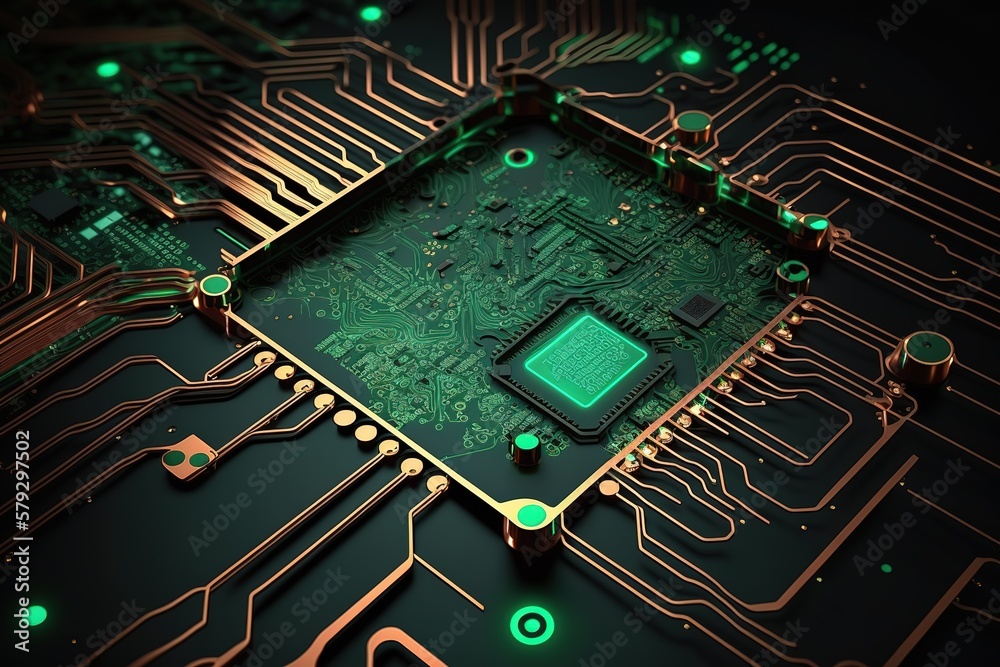 Aufkleber The Abstract technological basis consists of various elements of a printed circuit board and flashes.Generative AI