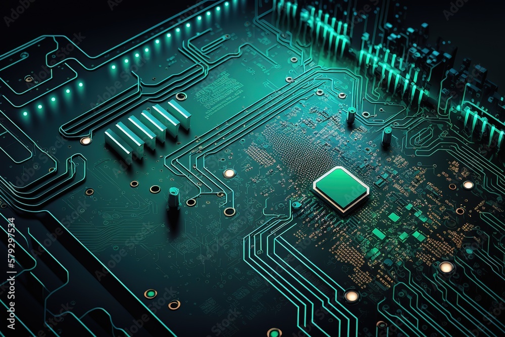Aufkleber The Abstract technological basis consists of various elements of a printed circuit board and flashes.Generative AI