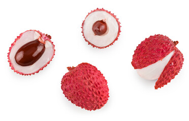 Fresh lychee with slices isolated on white background. clipping path. top view