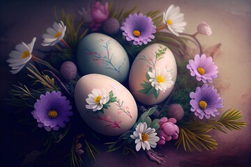 Obraz na płótnie Canvas Easter background with copy space. Eggs, flowers, pastel colors illustration top view generative AI, generative, ai