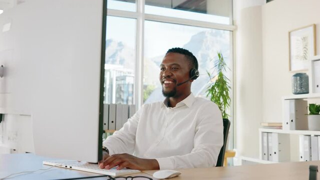 Call center, black man and smile on computer, customer service and crm help desk in office. Happy portrait face of agent, telemarketing consultant and business support of telecom salesman consulting