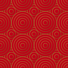 Oriental Asian seamless pattern with golden circles on red background in retro style. Chinese, Japanese and Korean traditional ornament. Good for textiles, wallpapers, gift wrap. Isolated vector.