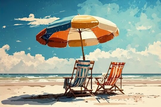 an illustration of two chairs and an umbrella in a paradise beach with nobody around. Concept: Relax in your holidays. Generative ai