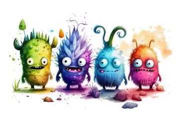 Cartoon funny cute monsters in kids watercolour style, generative ai, transparent background - obrazy, fototapety, plakaty