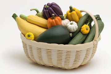Vegetables in a large basket. Vegetables such as zucchini, eggplant, and squash are also included. Contrast against a blank white background. Generative AI