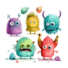 Cartoon funny cute monsters in kids watercolour style, generative ai, transparent background - obrazy, fototapety, plakaty
