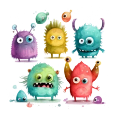 Behang Boho dieren Cartoon funny cute monsters in kids watercolour style, generative ai, transparent background