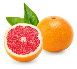 grapefruit with cut of grapefruit and green leaves isolated on white background. clipping path