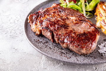 Grilled Ribeye Steak on plate with Potato gratin and salad