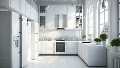 Fototapeta na wymiar modern kitchen, white interior, home, 3d-render