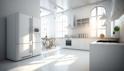 Naklejka na ściany i meble modern kitchen, white interior, home, 3d-render