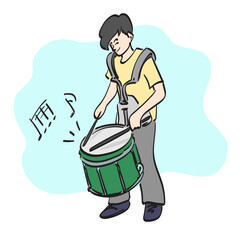 line art boy playing marching snare illustration vector hand drawn isolated on white background