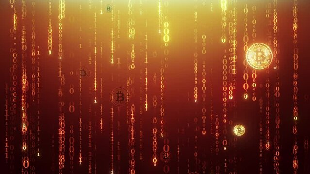 Bitcoin mining. Cryptocurrency, digital gold. Crypto farm. Dynamic background for captions, title or text. 3D animation. Quick Time, h264, 16-bit color, highest quality. Smooth gradation of color.