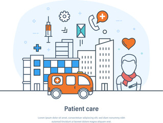 Naklejka premium Patient care, healthcare, emergency, doctor help and medical treatment. Health insurance, medical consultation of patient, pharmacy. Medicine, health, science thin line design of vector doodles