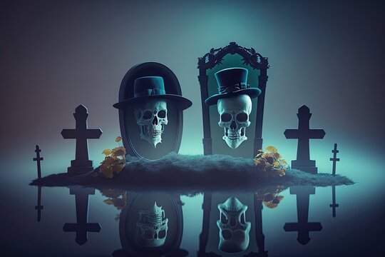 Misterious swamp with skulls in top hats reflected in mystical mirrors among graves, crosses, AI generative