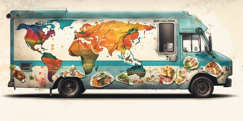 Food truck offering fusion cuisine that combines flavors from multiple countries or regions, concept of Culinary Fusion and International, created with Generative AI technology