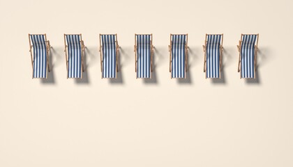 Deck chairs on beige background. Sea Resort concept. Top view.