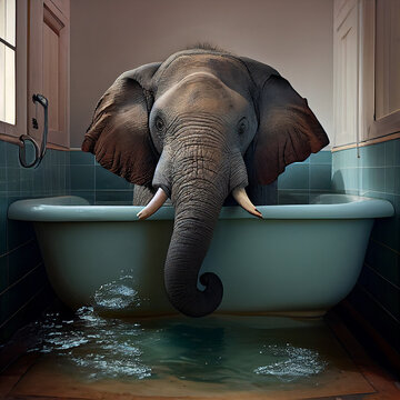 Elephant bathing in a bathtub, water splashes on the floor, animal in the room, generative AI