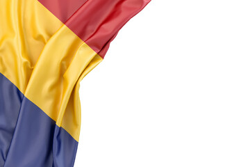 Flag of Romania in the corner on white background. 3D rendering. Isolated