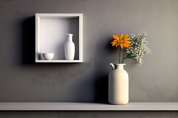 Mockup of a blank wall with a vase of flowers on a shelf, Generative AI
