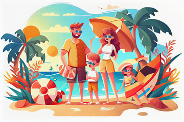 Obraz na płótnie Canvas Happy family with two kids enjoy summer vacation on seaside. Summer travel and leisure on sea beach
