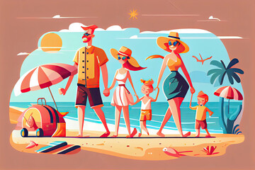 Happy family with two kids enjoy summer vacation on seaside. Summer travel and leisure on sea beach