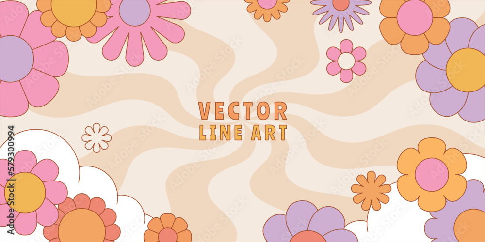 Leinwandbilder Vector horizontal banner with copy space for text - design elements and shapes for abstract backgrounds and modern art - hippie groovy vibes with flowers and waves