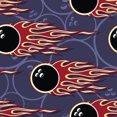 Bowling balls in fire repeating tile background. Bowling balls seamless pattern vector image wallpaper and wrapping paper design.