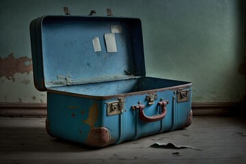 An old, wide open, blue suitcase. Generative AI