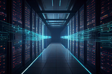 Corridor in Working Data Center Full of Rack Servers and Supercomputers with Internet connection Visualization Projection