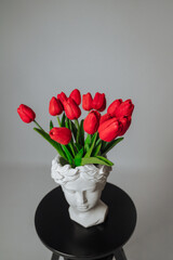 a bouquet of red tulips on a white background