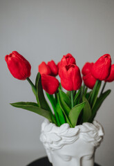 a bouquet of red tulips on a white background