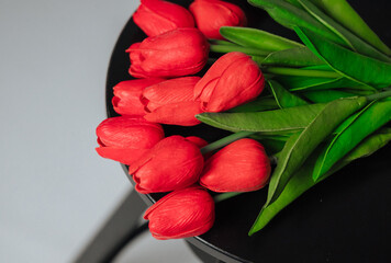 a bouquet of red tulips on a white background